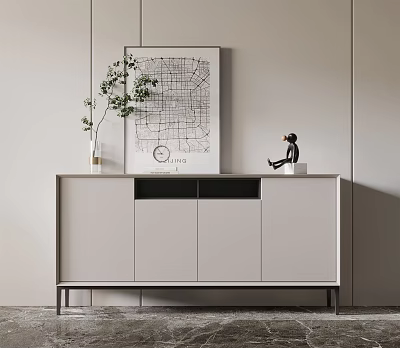 Modern Light Gray Entryway Console Cabinet With Wall Art Vase And Figurine Decoration 3d model