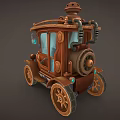 Vintage Steampunk Carriage with Wooden Body Large Wheels and Blue Windows