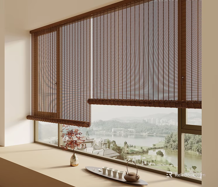 Brown Bamboo Window Curtains with Scenic Outdoor View and Indoor Vase Tableware 3d model 