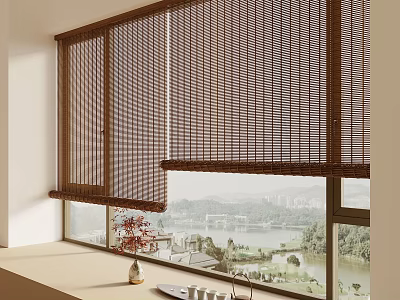 Brown Bamboo Window Curtains with Scenic Outdoor View and Indoor Vase Tableware 3d model