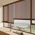 Brown Bamboo Window Curtains with Scenic Outdoor View and Indoor Vase Tableware