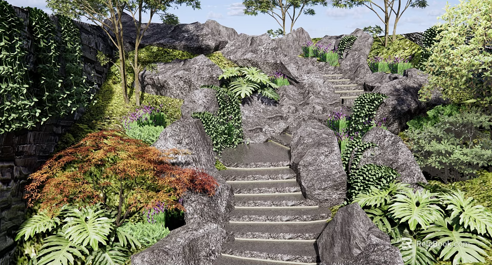Lush Natural Stone Stairs in Garden Landscape With Rocks and Green Plants 3d model 