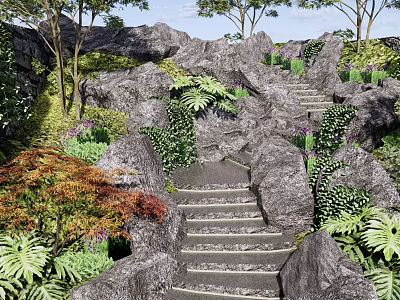 Lush Natural Stone Stairs in Garden Landscape With Rocks and Green Plants 3d model