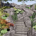 Lush Natural Stone Stairs in Garden Landscape With Rocks and Green Plants