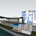 Waterfront Commercial Street with Modern Buildings Greenery Scenic Promenade and Water Views