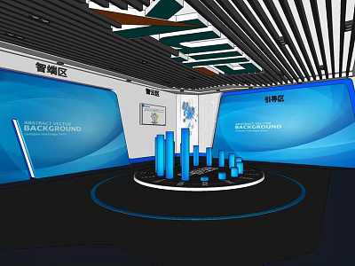 Smart Exhibition Area With Blue Screens Column Charts And Digital Background Zones 3d model