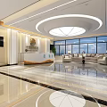 Modern Lobby Interior With Marble Floor Reception Desk Green Plants Blue Seats And Ceiling Design