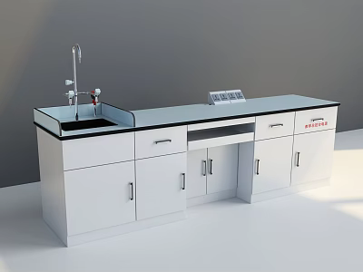 White Functional Table with Glass Top Faucet Drawers Cabinets and Control Panel 3d model