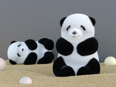 Cute Panda Plush Toys Sitting And Lying On Soft Carpet With White Eggs 3d model