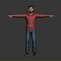 Man In Red Hoodie And Blue Jeans With Arms Outstretched Against Gray Background