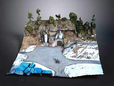 Scenic Rocky Landscape With Trees Domed Buildings Snowy Path And Blue Coverings 3d model