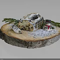 Traditional Christmas Stollen Cake on Wooden Base with Snow and Decorations