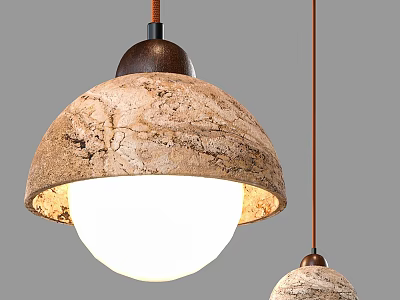Natural Cork Textured Pendant Light Featuring Metallic Top White Bulb and Warm Glow 3d model