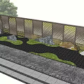 Modern Outdoor Feature Wall With Geometric Perforated Pattern Decorative Stones And Greenery 3d model