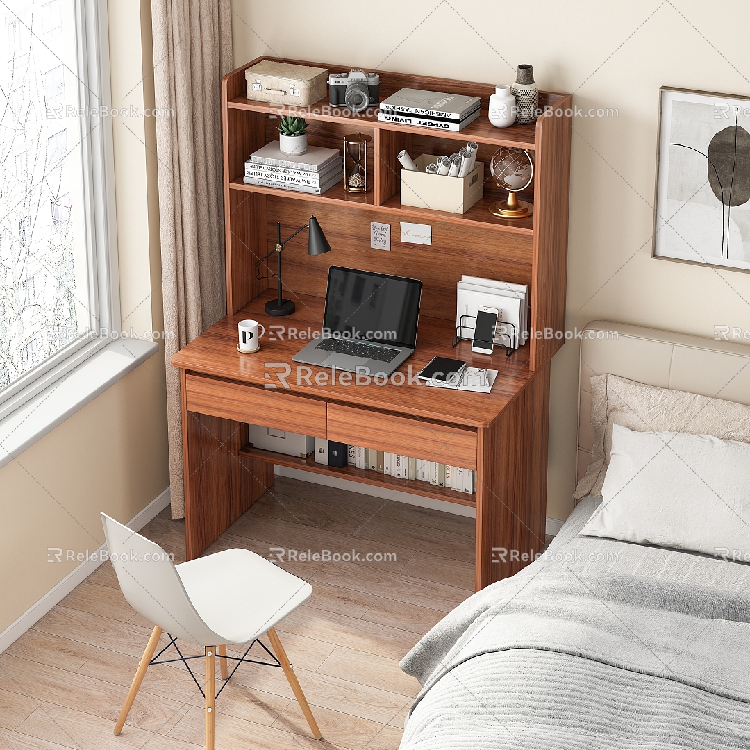 Modern Desk and Chair Desk Office Desk and Chair Combination Notebook Hanging Picture Table Lamp Book Combination 3d model