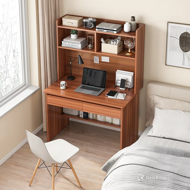 Cozy Bedroom Desk Setup With Bookshelf Laptop Lamp And White Chair 3d model 