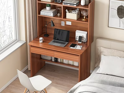 Cozy Bedroom Desk Setup With Bookshelf Laptop Lamp And White Chair 3d model
