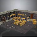Medieval Workshop Interior With Stone Walls Wooden Door Workbenches And Tools