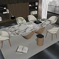 Modern Dining Table Set With Marble Top And Beige Chairs Near Bookshelves