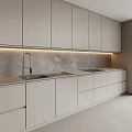 Modern Kitchen With Gray Cabinets Wooden Island Counter And Under Cabinet Lighting