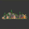 Modern 3D Cartoon Village Scenery With Colorful Buildings Windmill And Green Hills