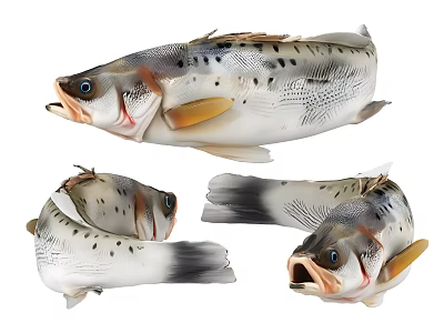 Realistic Spotted Aquatic Fish With White Body Black Spots Yellow Fins And Open Mouth 3d model