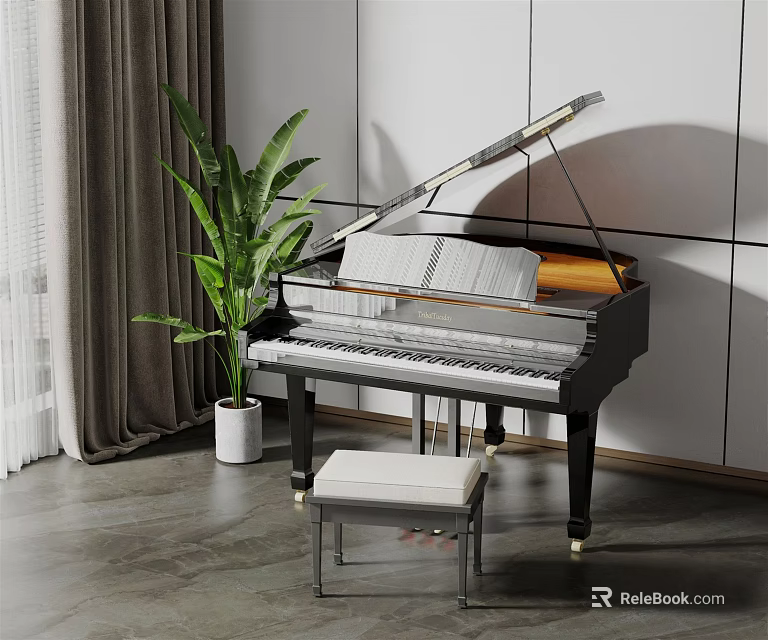 Modern Grand Piano Interior With Stool Green Plant Gray Curtain White Wall And Gray Floor 3d model 