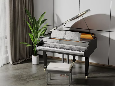 Modern Grand Piano Interior With Stool Green Plant Gray Curtain White Wall And Gray Floor 3d model