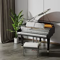 Modern Grand Piano Interior With Stool Green Plant Gray Curtain White Wall And Gray Floor
