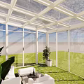 White Glass Enclosed Building With Green Grass Blue Sky And Indoor Plants Furniture