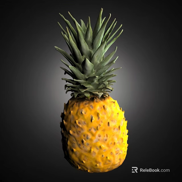 Fresh Ripe Pineapple With Yellow Skin And Green Leafy Top On Dark Background 3d model 