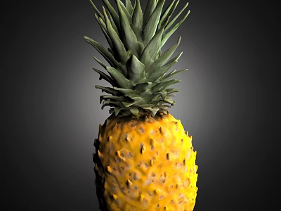 Fresh Ripe Pineapple With Yellow Skin And Green Leafy Top On Dark Background 3d model