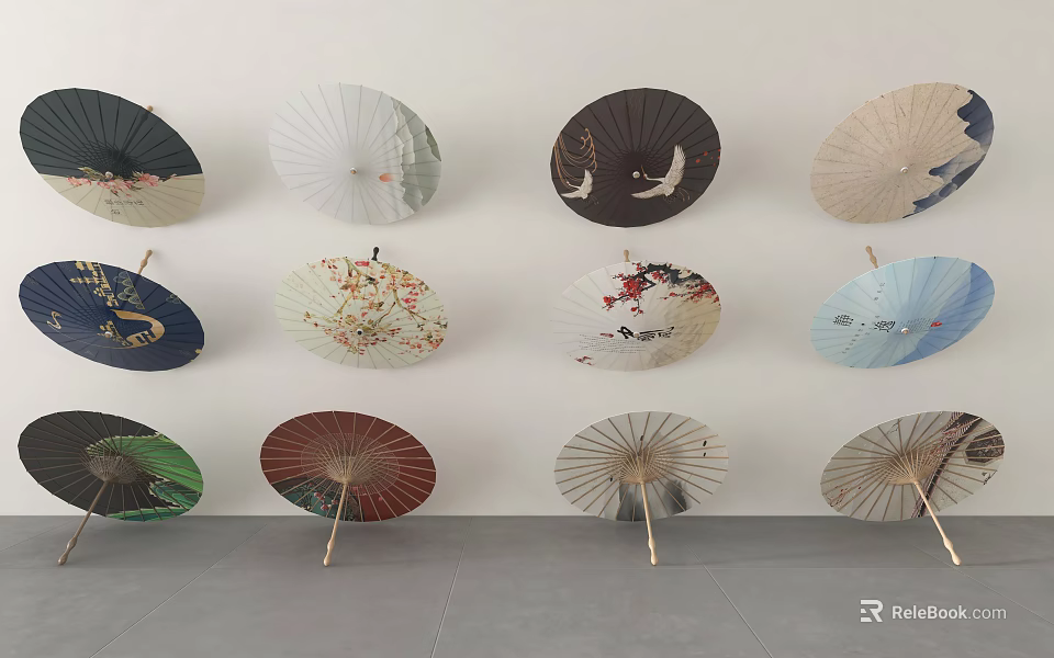 Colorful Patterned Umbrella Wall Decor Hanging On White Wall With Various Designs 3d model 