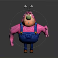 3D Pink Cartoon Game Movie Character With Blue Overalls Green Nose And Antennas