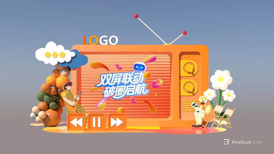 Vibrant Photo Check in Spot with Orange Vintage TV Dual Screen Clouds Flowers and Balloons 3d model 