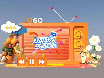 Vibrant Photo Check in Spot with Orange Vintage TV Dual Screen Clouds Flowers and Balloons 3d model