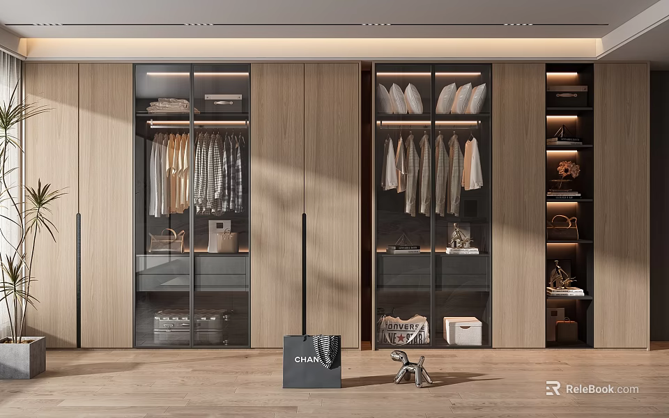 Modern Wardrobe Design With Glass Doors Wooden Panels Hanging Rods And Storage Drawers 3d model 
