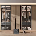 Modern Wardrobe Design With Glass Doors Wooden Panels Hanging Rods And Storage Drawers