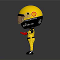 Cartoon Style Game or Movie Character in Yellow Jumpsuit with Yellow Helmet and Ferrari Logo
