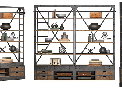 Industrial Style Storage Shelving Unit With Metal Frame Wooden Shelves Decorative Pottery And Books 3d model