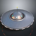 Metallic UFO Flying Saucer With Three Green Lights Top Antenna And Red Reflections