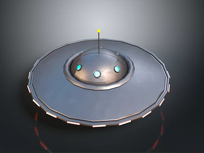 Metallic UFO Flying Saucer With Three Green Lights Top Antenna And Red Reflections 3d model