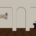 Interior With Three Arched Doorways Wall Paintings Brown Wooden Floor And Black Base Table Lamp