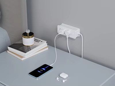 Desk Setup With Charging Power Strip Smartphone Wireless Earbuds And Books 3d model