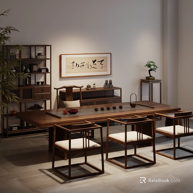 Traditional Tea Room with Wooden Tea Table White Cushioned Chairs Bookshelf Calligraphy and Green Plants 3d model 