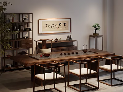 Traditional Tea Room with Wooden Tea Table White Cushioned Chairs Bookshelf Calligraphy and Green Plants 3d model