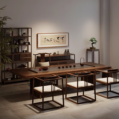 Traditional Tea Room with Wooden Tea Table White Cushioned Chairs Bookshelf Calligraphy and Green Plants 3d model