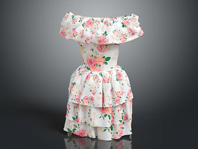 Elegant Women's White Floral Print Off Shoulder Tiered Skirt Dress 3d model