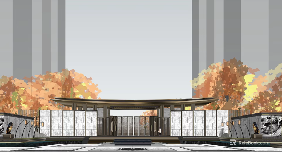 Traditional Chinese Style Entrance Gate With Eaves And White Screens Against Autumn Trees 3d model 
