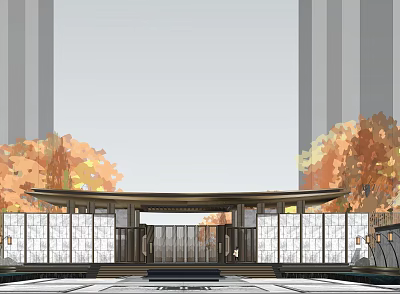 Traditional Chinese Style Entrance Gate With Eaves And White Screens Against Autumn Trees 3d model